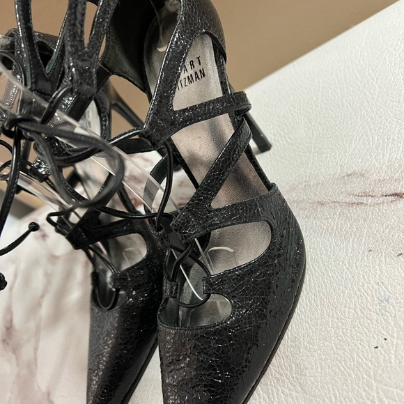 Stuart Weitzman Black Patent Leather Excite Pointy Toe Lace Up Pumps 6.5 M. - Picture 4 of 11